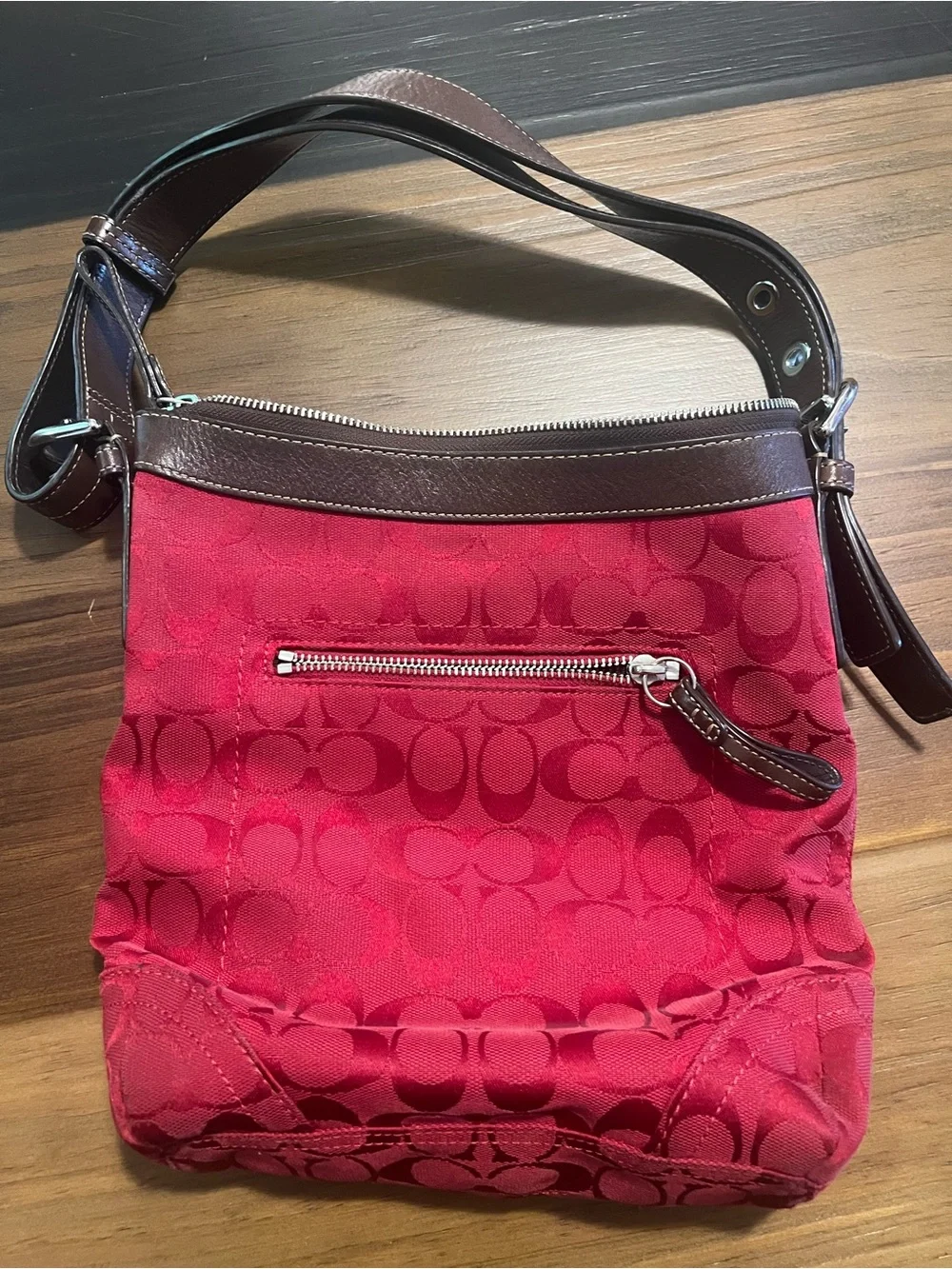 Coach Red Signature Logo Pattern Shoulder Bag with Brown Leather Trim silver